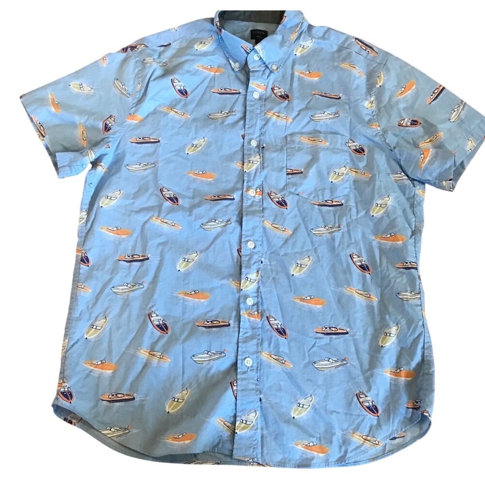 J Crew Mens Short Sleeve Button-Down Shirt Size S Blue Speedboat Print